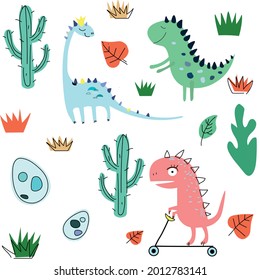 The print is fun with dinosaurs. Children's illustration with dinosaurs with cacti , a dinosaur on a scooter, a drawing in green tons.