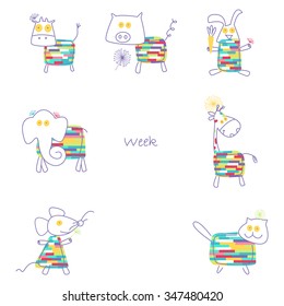 print funny animals  for baby vector illustration a cow, a piggy, a hare, an elephant, a giraffe, a mouse, a cat