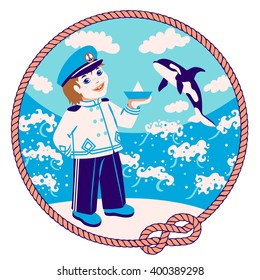 Print - funny cartoon captain-sailor with paper boat on the background of the sea, clouds and killer whale