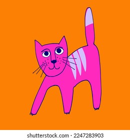 Print with funny cat, avatar, in bright luminescent colors. Perfect for kids. Made of vector illustrations in cartoon, sketch style