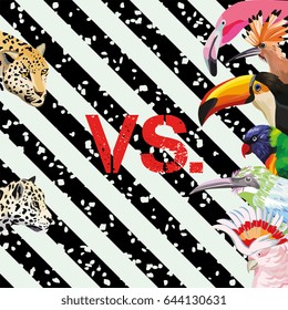 Print a funny image of a battle of tropical birds vs leopards. Vector Wallpaper beach on a striped black and white background