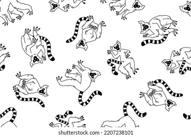 Print of funny lemurs. Primates with striped tails. Characters from Madagascar. Funny monochrome lemurs