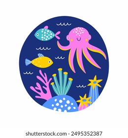 Print with a funny octopus, colorful fish and seaweed on a blue background. Vector illustration