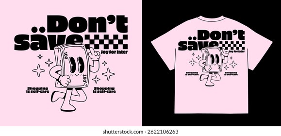 Сartoon print. Funny running money character with bold text and retro checkered accents. Design for streetwear or back print. Vector