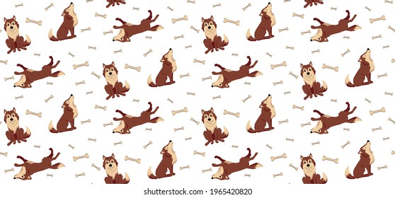 Print For Gift Box. Seamless Pattern  Of Dogs.  Wild Brown Cute Howling Wolf. Creative Kids Texture For Fabric, Wrapping, Textile, Wallpaper, Apparel. Vector Illustration