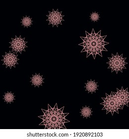 Print Girl Christmas Mandala Mystery Sky Background. Chaotic Winter Snowflakes Pink Winter Pattern. FolkNew Year Colorful Gothic Mystery Composition. Sharp Black Dark Cold Stars Illustration.