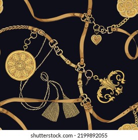 Print and gold chains  belts   baroque swirls black background  Vector seamless pattern  Vintage print 