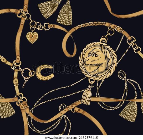 Print with gold\
chains, belts and horse medallion on a black background. Vector\
seamless pattern. Vintage\
print.