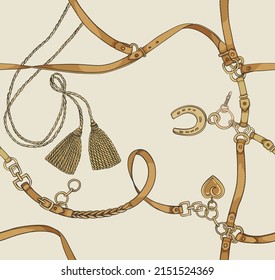 Print and gold chains  belts   tassels white background  Vector seamless pattern  Vintage print  Fabric design 