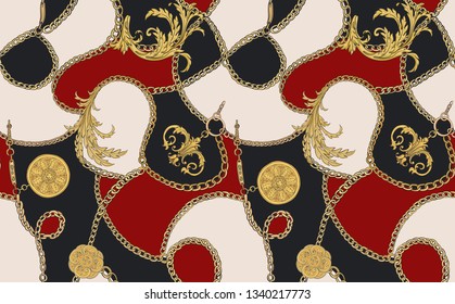 Print with gold chains and tassels and baroque leaves. Fabric design. Vector seamless pattern. 