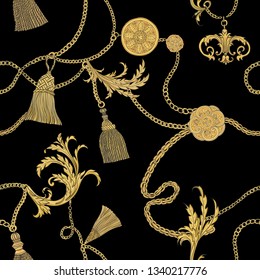Print with gold chains and tassels and baroque leaves on a black background. Vector seamless pattern.
