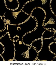 Print and gold chains   tassels black background  Vector seamless pattern  Fabric design 