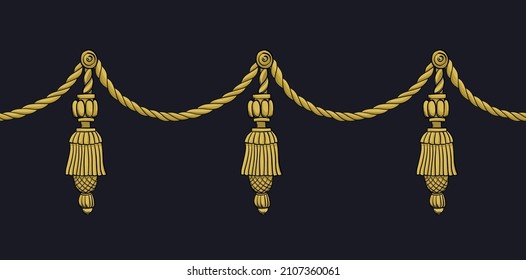 Print with gold chains and tassels on a black background. Vector seamless border.