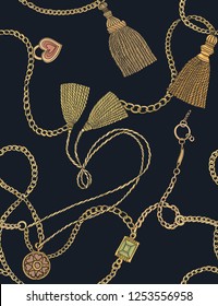 Print with gold chains and tassels. Vector seamless pattern. Fabric design.