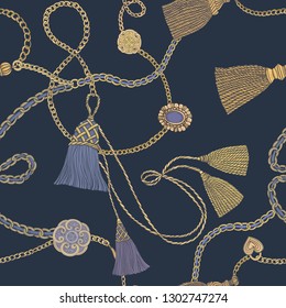 Print with gold chains and tassels. Vector seamless pattern. Baroque print.