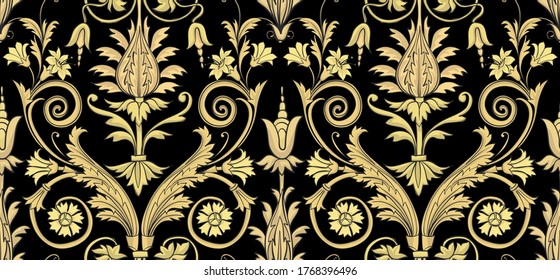 Print with gold flowers and leaves on a black background. Vector seamless pattern. 