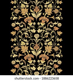 Print with gold flowers and leaves on a black background. Vintage vector ornament. 