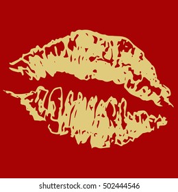 Print of gold lips. Gold kiss. Vector lips on a gold background.