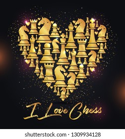 Print with golden chess pieces of heart. Design I love chess.