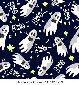 Print with good ghosts on a blue background.Pattern for holiday day of the dead, Halloween, textiles, background, postcards.