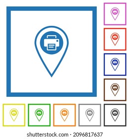 Print GPS location flat color icons in square frames on white background