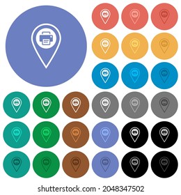 Print GPS location multi colored flat icons on round backgrounds. Included white, light and dark icon variations for hover and active status effects, and bonus shades.