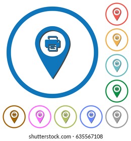 Print GPS map location flat color vector icons with shadows in round outlines on white background