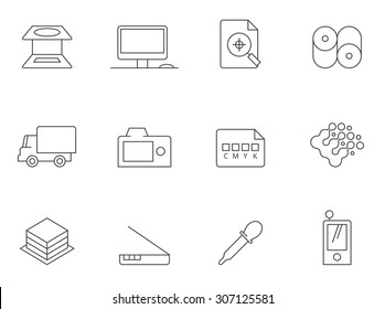 Print and graphic design icons in thin outlines.