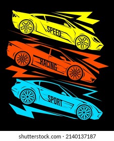 Print with graphic sport car. Vector illustration for boy. t shirt extreme style