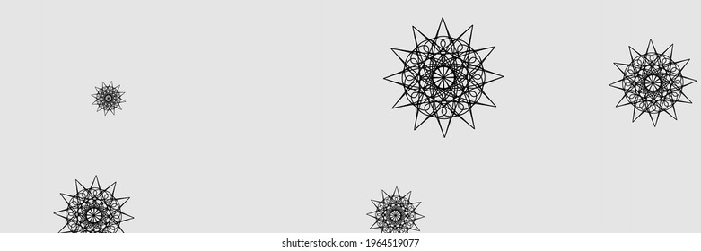 Print Grey Winter Ornamental Mandala Background. Night New Year Horizontal Santa Snow Ornament. Dark Silver Stars Dark Composition. Snowflakes Holiday Chaotic Black Christmas Sky Background.
