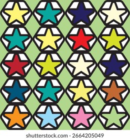 Print Grid of 25 colorful hexagonal tiles, each with a five-pointed star. Vibrant palette on light green background—ideal for playful, retro, or game-inspired design themes.

