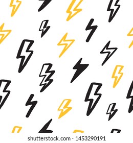 Print grunge thunderbolt seamless pattern for wallpaper design in black and yellow colors. Abstract geometric art background. Vector design.