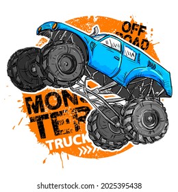 Imprima con el dibujo de mano azul Monster Truck. Ilustración de camisetas vectoras para niños 