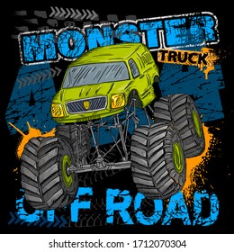 Print with Hand drawing green Monster Truck. Vector t-shirt illustration for boy 