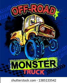 Print with Hand drawing Monster Truck. Vector illustration for boy t shirt 