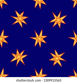 Print with hand drawn explosion yellow and orange stars on dark blue background. Perfect for kids design. Vector illustration.