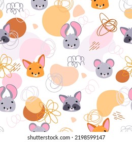 print with hand drawn face forest animals. Kids scandinavian pattern. Seamless pattern for fabric, paper, wrapping, clothing, textile, wallpaper, children room. Vector illustration