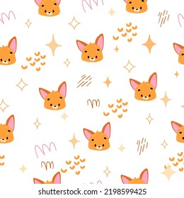 print with hand drawn face fox. Kids scandinavian pattern. Seamless pattern for fabric, paper, wrapping, clothing, textile, wallpaper, children room. Vector illustration