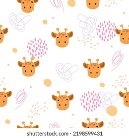 print with hand drawn face giraffe. Kids scandinavian pattern. Seamless pattern for fabric, paper, wrapping, clothing, textile, wallpaper, children room. Vector illustration