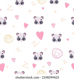 print with hand drawn face panda. Kids scandinavian pattern. Seamless pattern for fabric, paper, wrapping, clothing, textile, wallpaper, children room. Vector illustration