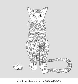 print with hand drawn patterned cat  in zen style for home art, decorate wall, kids room, book, notebook, posters, banners. eps 10.
