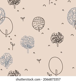 print with hand drawn wild forest trees. Kids  scandinavian pattern. Seamless pattern for fabric, paper, wrapping, clothing, textile, wallpaper, children room. Vector illustration