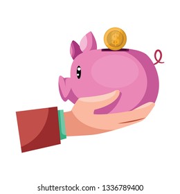 Print hand holding a piggy bank on white background vector illustration