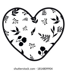 Print Hand-drawing silhouette background collection. Vector heart with floral themed decoration. Element for design.