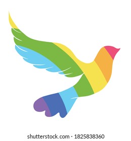 Print Hand-drawing silhouette background collection. Vector dove bird with rainbow decoration. Element for design.