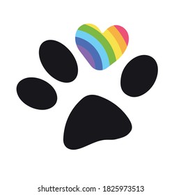 Print Hand-drawing silhouette background collection. Vector animal paw with rainbow decoration. Element for design.