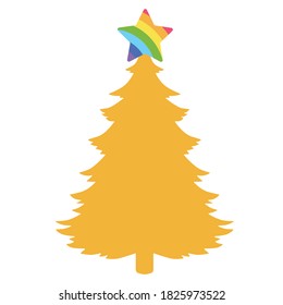 Print Hand-drawing silhouette background collection. Vector pine tree, star with rainbow decoration. Element for design.