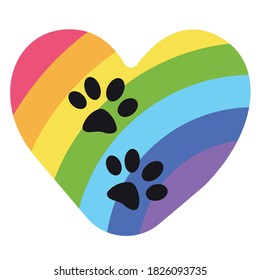 Print Hand-drawing silhouette background collection. Vector animal paw, heart with rainbow decoration. Element for design.
