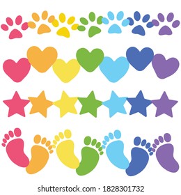 Print Hand-drawing silhouette background. Vector footprint, heart, star, animal paw rainbow decoration. Element for design.