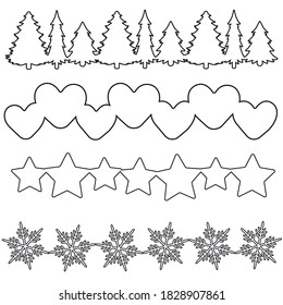 Print Hand-drawing silhouette background. Vector heart, star, pine tree, pine tree decoration. Element for design.